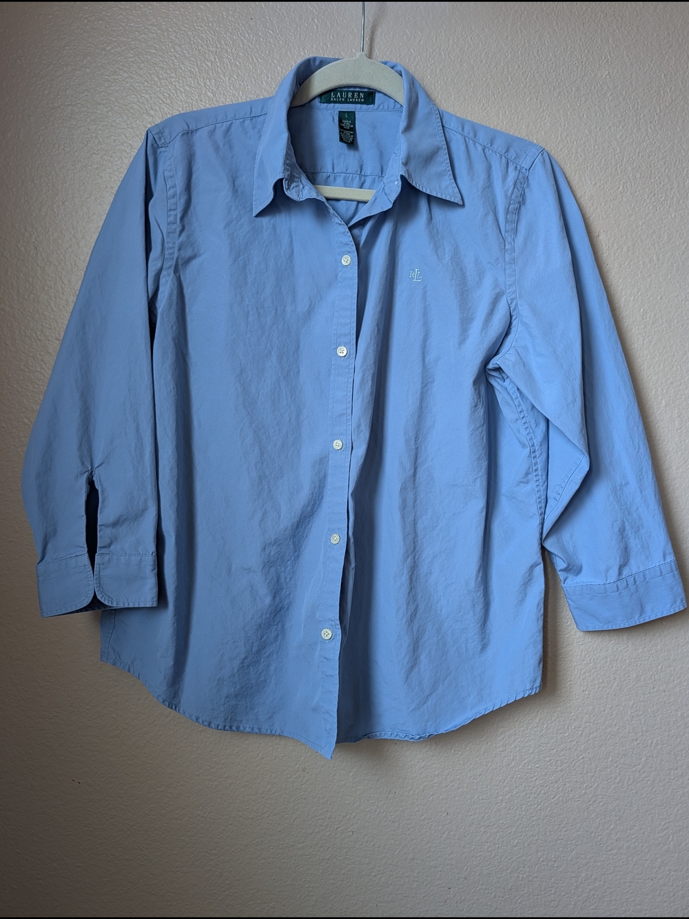 Lauren Ralph Lauren Blue 100% Cotton Button Down 3/4 Sleeve Shirt Size L